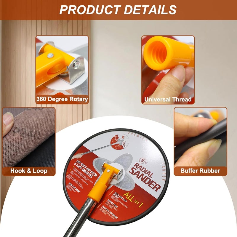 Tonmp 9" Drywall Sander with 360° Swivel Head - Premium Manual Hand Sander for Walls & Ceilings - Hook & Loop Sanding Pad for Smooth Wall Cleaning, Polishing & Drywall Repair - Image 3